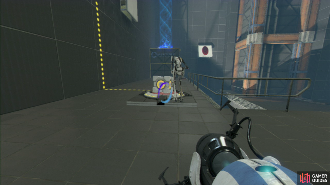 Player 2: You need to react quickly once you start to fall, so as soon as player 1 removes the portal from underneath you, aim directly at the panel below you and set your entrance portal here, this’ll cause you to fly out of the angled panel, hit the lowered barrier and fall into the funnel, taking you right over to the platform by the exit.  Now, pick up the Companion Cube waiting patiently for you up here, drop down to the lower level and make your way over to the red button on the floor where you need to set the Cube on.