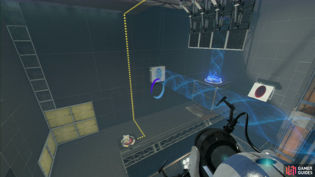 Player 1: Once the Cube is on its resting place, reset your exit portal so the funnel is once again coming out of the horizontal panel on the ground (allowing you to jump in and ‘float’ up to the ceiling). Ask player 2 to join you afterwards so you’re both in the same excursion funnel at the same time.  Once you’re both ready, look back towards the wall ahead of you and place the portal on the vertical wall panel (once again creating a horizontal funnel moving towards the exit). This’ll immediately cause you both to drop towards the ground.  Player 2: As soon as you’re both hurtling downwards, very quickly place an entrance portal below you, allowing you both to hot the barrier, drop into the funnel and get carried over towards the exit!