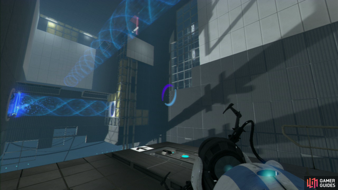 Player 1: As soon as you enter the main test chamber, look to your left and set your first portal on the wall where the excursion funnel leads. Now look where the Arial Faith Plate on the ground is located and turn around and look up. You should notice a row of shoot-able wall tiles, place your exit portal up here so when you now step on the Faith Plate, you’ll land in the funnel as it carries you across the chasm.