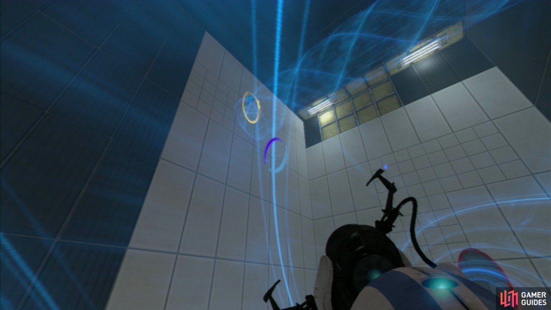 Player 2: Jump onto the Faith Plate immediately after player 1 and fire your first portal at the wall where the funnel you’re in finishes and then look up and to the left for a wall covered in rectangular wall panels. Aim your shot so the excursion funnel continues towards the ledge located above you.
