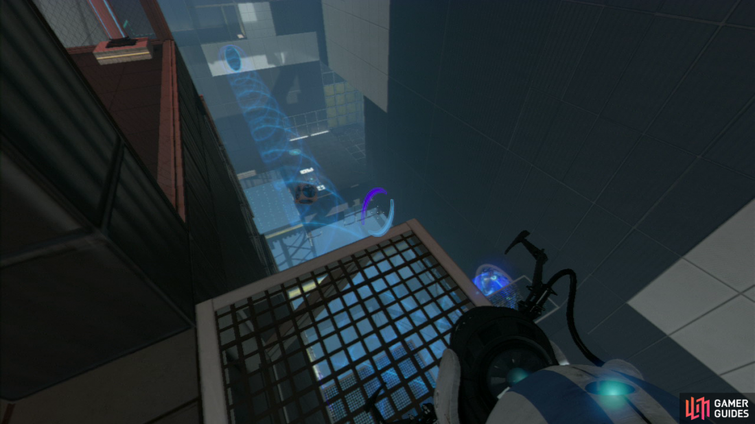 Player 1: Drop off onto the ledge and once player 2 has safely joined you up here, switch the location of the excursion funnel to the left of the wall (so it’s passing directly under the item chute that’s located on the ceiling). Go ahead and press the red button now and a Displacement Cube will fall into the funnel and get carried right towards you both.  Player 2: Set a portal on the rectangular wall panel located up here (where the red laser beam is), position the Displacement Cube so teh laser beam is directed directly at the middle of the wall and you now need to wait for player 1 to finish getting across the chamber.