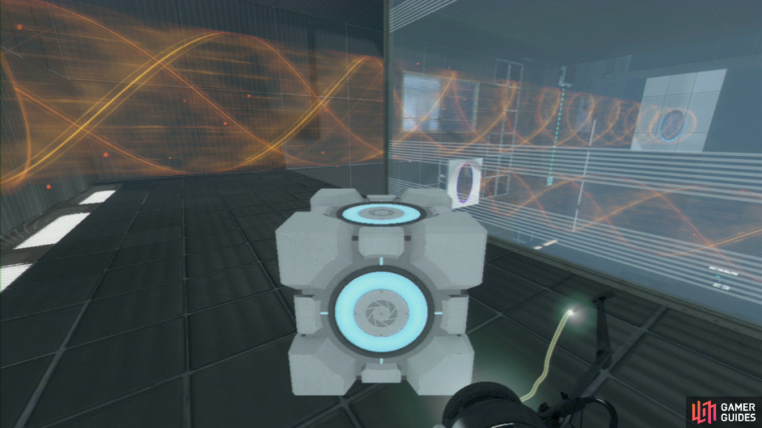 Player 2: Once player 1 has picked up the Cube, stand on the large red switch found on the floor and you’ll both notice the colour of the funnel change to orange (this signifies that the flow of the funnel has been reversed).  Player 1: Jump back inside the excursion funnel (with the a firm grip still on the Cube) and simply enjoy the ride as you make your way through the portals and towards the start of the excursion funnel itself.