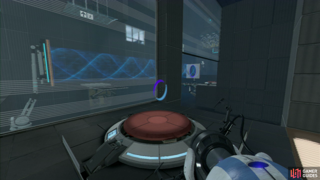 Player 1: Once you start the latest chamber, hang a right and proceed through the force field, now look up at the wall panel (up above the red button) and set your first portal here. Now edge forwards and to the right a bit so you spot the vertical wall panel closest to the back of the room. Get your second portal here and now stand on the red button beside you to trigger the excursion funnel (that’ll also now appear in the middle of the room).