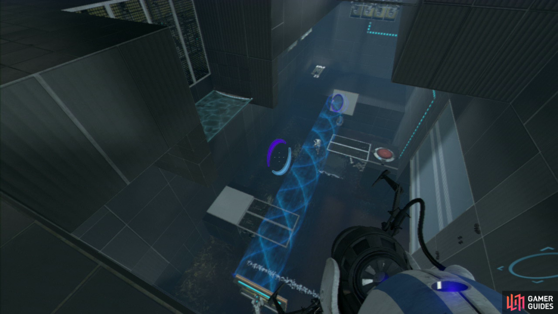 Once you’re safely on the upper level, move off the ledge and walk over to the top-left corner of the area and you’ll be overlooking the excursion funnel device below. Set a portal back on the wall where the funnel hits and then peer over the ledge that overlooks the main area. Reset a portal back on the vertical panel that’s beside player 2 (to create a funnel taking them back over to the ledge underneath the force field). Once they’re there, set an exit portal underneath them so the funnel carries them up towards the exit.