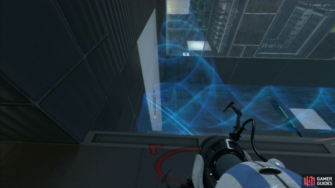 Player 2: Make your way over to the edge of the metal ledge and look to the wall on your left (where the Excursion Funnel is hitting), and you want your first portal on the funnel’s point of impact and then on the wall panel to the left, this’ll create a funnel that leads into the spike-ridden obstacle course.