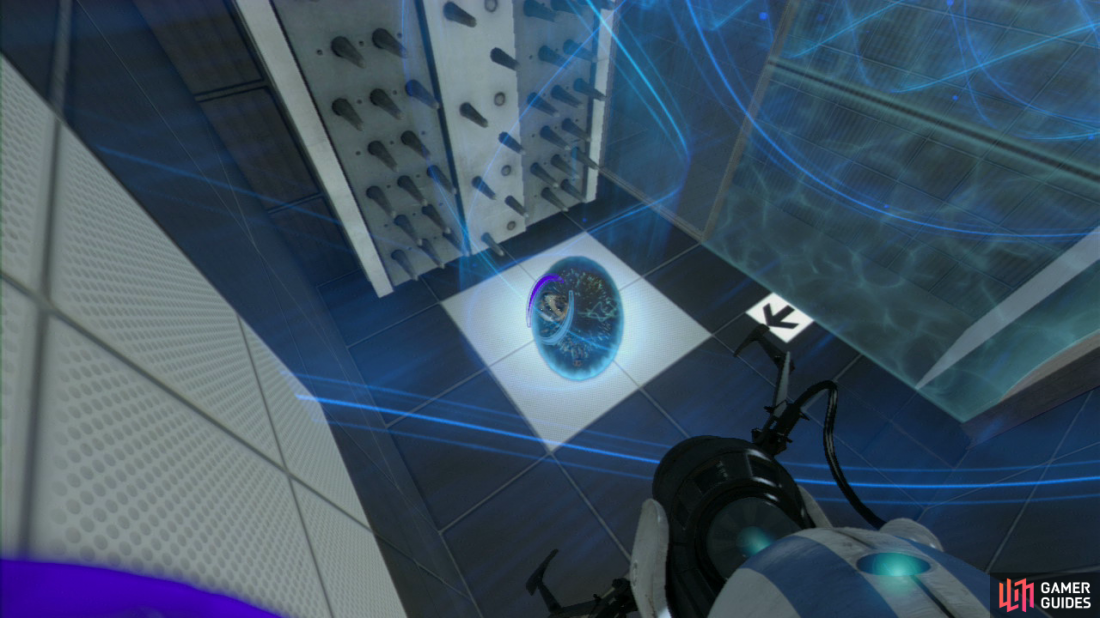 Player 1: Jump into the funnel and once you pass through the force field, set a portal on the wall in front of you and then on the panel on the floor. Once you reach the top you need to be in constant communication to get through the rest of the course (so this is where you’ll both preferably have access to a headset).