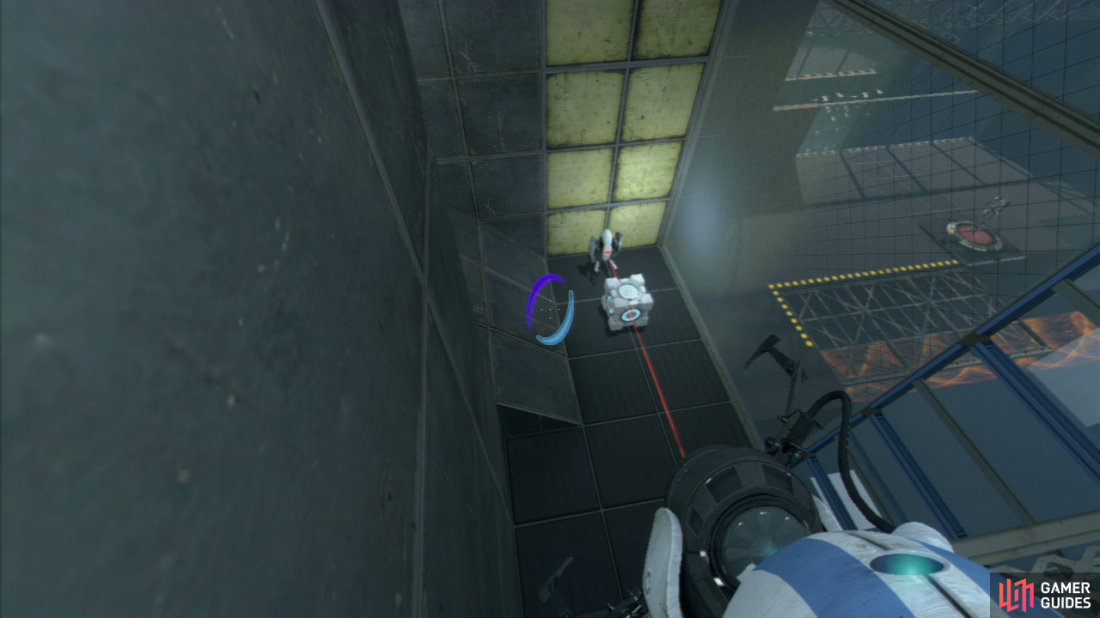 Player 1: Quickly get the portal funnel on the wall and ask player 2 to step onto the red button again. As you approach the platform below, step out of the excursion funnel and peer of the edge and you should spot a turret guarding the Companion Cube. Jump down and to the left of the Turret (making it much harder to spot you in time), pick up the Cube and use it to knock the turret over, disabling it.