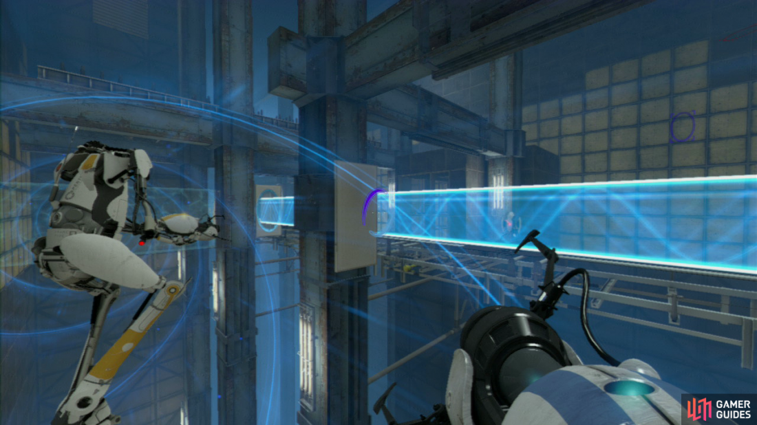 Player 1: Both of you should jump into the funnel and you’ll be carried over a chasm with spike panels all around and a conveyor belt of infinite turrets directly below you. So as you’re passing over the metal spikes, look down towards the conveyor belt below and directly under the left-hand metal girder is a thin rectangular wall panel. Get a light-bridge here so it’ll protect both of you from the turrets in just a moment.