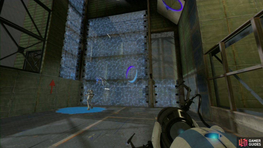 Player 1: Located in the top right-hand corner by the force field there’s an angled wall panel, so place a portal here and then directly underneath the repulsion gel dispenser to your right. Press the red button and the gel will coat the floor on the left-hand side.