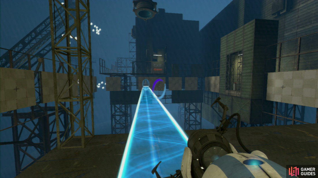 Player 1: Immediately upon enter the test chamber properly, take a left and you should spot the light bridge. Get a portal on the wall here and then get your second portal on the left-most panel located just under the ‘EXIT’ writing painted on the wall in the distance, creating a bridge extending all the way across.