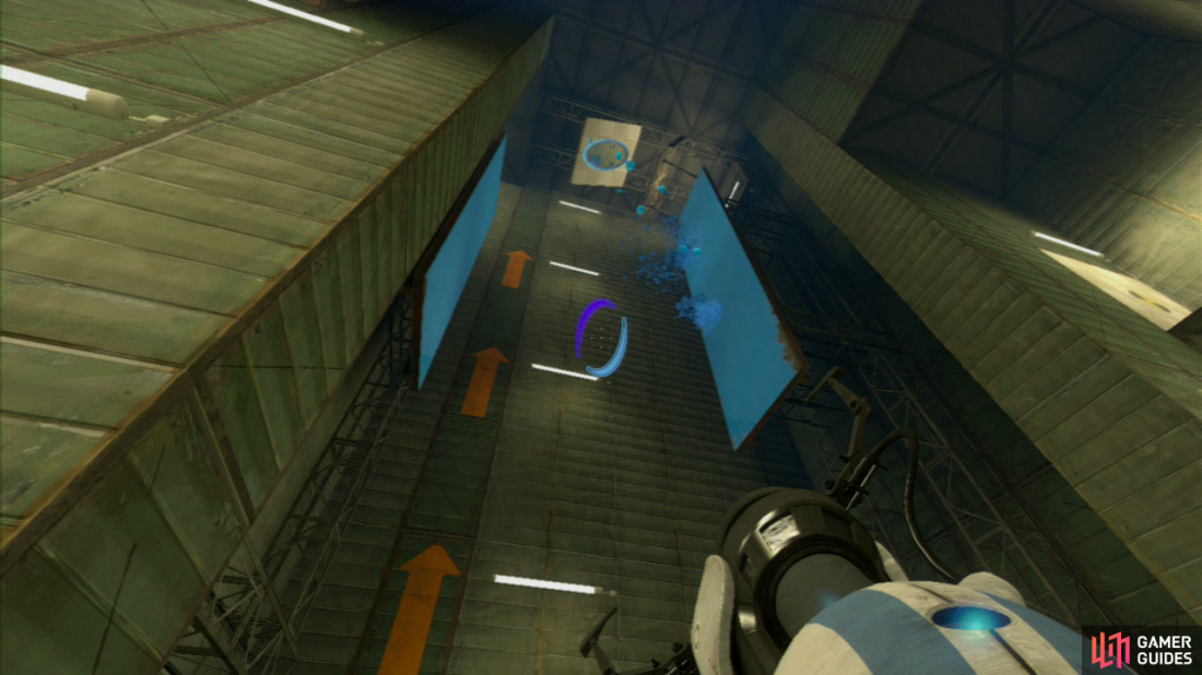 Player 1: Your first task is to set a portal on the lower wall panel to your left and then on the angled wall panel in the corner. Press the red plunger and the repulsion gel will coat the left-hand vertical wall panel leading upwards (to be absolutely certain you’ve covered enough of the wall panel, press the plunger twice).  Now look directly up at the ceiling and you should spot a second angled wall panel pointing towards the right-hand vertical panels. Get your exit portal up here and once again press the red button twice to fully coat this wall in gel.