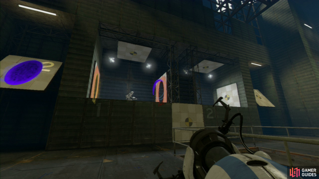 Player 1: Once player 2 has started to run in a loop, set a portal on slanted panel ‘2’ and then aim your portal gun at the right-hand wall and fire off your second portal just as they pass through their own portal on the right and this will allow them to shoot through and towards the spike plates. You’ll ideally want to listen out for the sound of them crashing down before you set your second portal off.