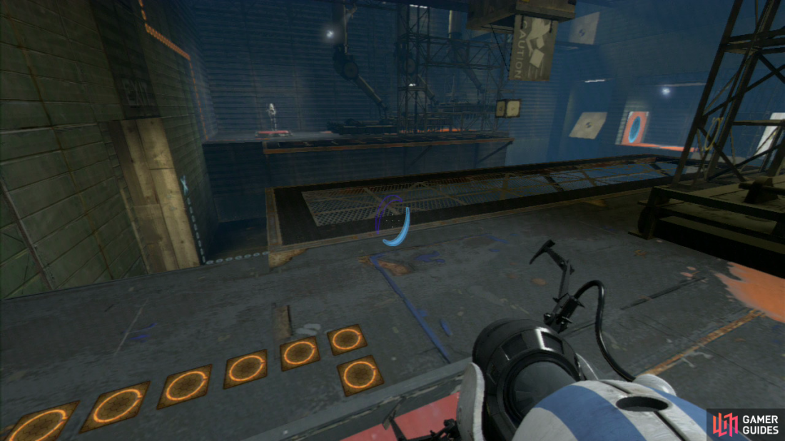 Player 2: Place a portal on slanted wall panel ‘1’ and then time your shot into the right-hand wall so the spikes are just starting to rise back up again. If timed right, player 1 will soar through the air and past the spikes.  Both Players: Stand on the red switches at the same time to release the crate from the chute in the middle of the room. Pick it up, drop it in the floor lock to open up the exit to the sixth chamber.