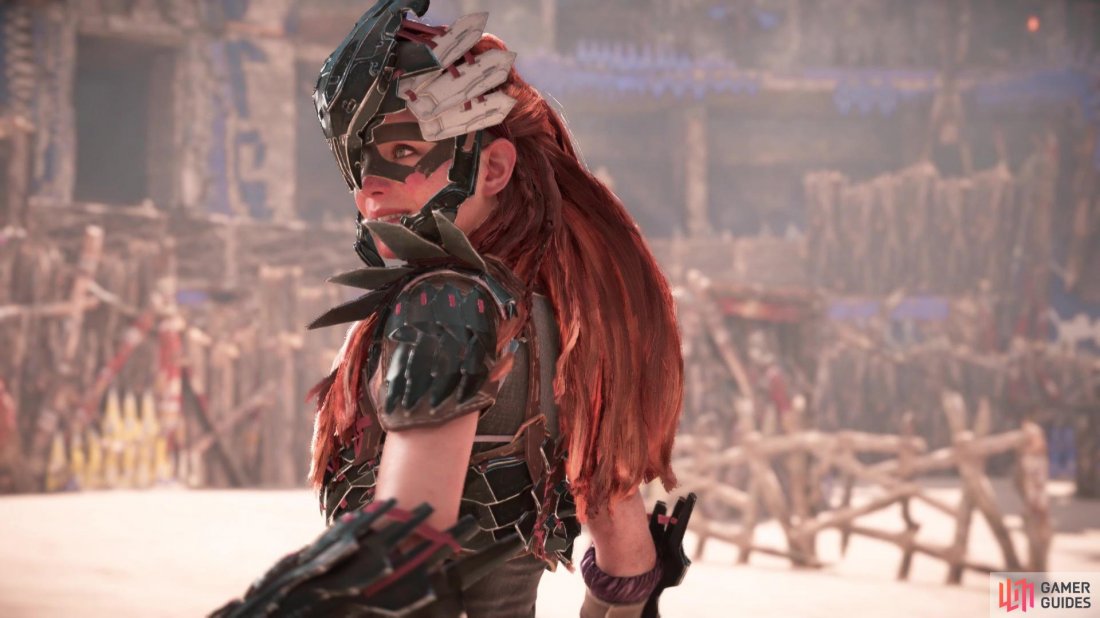Aloy enjoying the cheers after finishing an Arena challenge