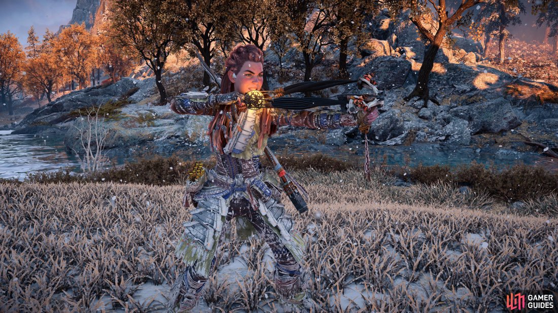 Aloy tests out her new Icefire Blastsling.