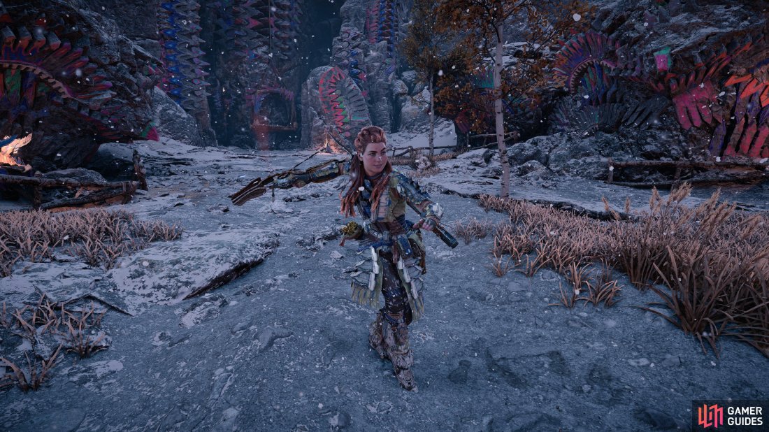 Aloy tests out her new Ironeater Shredder Gauntlet.