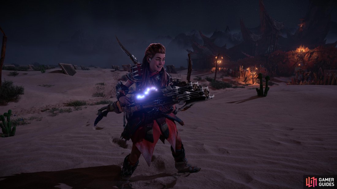 Aloy tries out her new Shock Boltblaster.