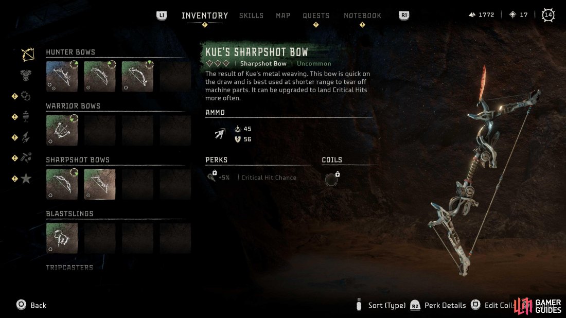 Youll obtain Kues Sharpshot Bow for completing the side quest The Roots That Bind.