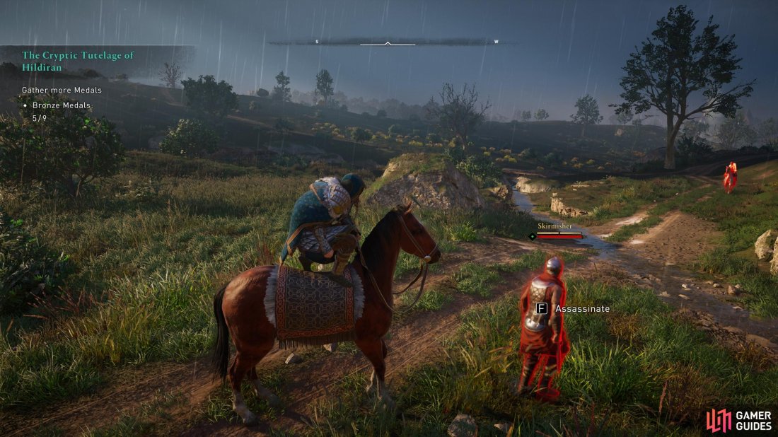 Youll need to crouch on your horse before you can assassinate an enemy from it.