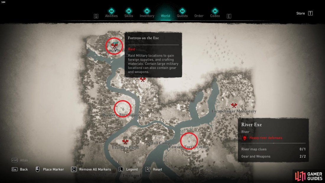 The three most likely locations to find the armor are circled above. 