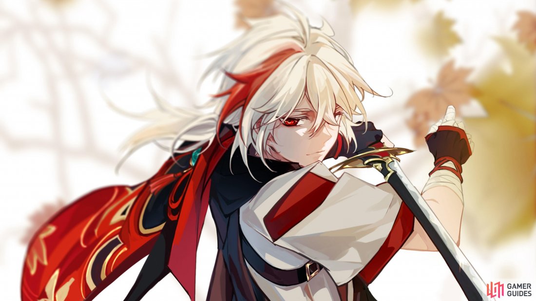 Kazuha resting his blade across his arm.