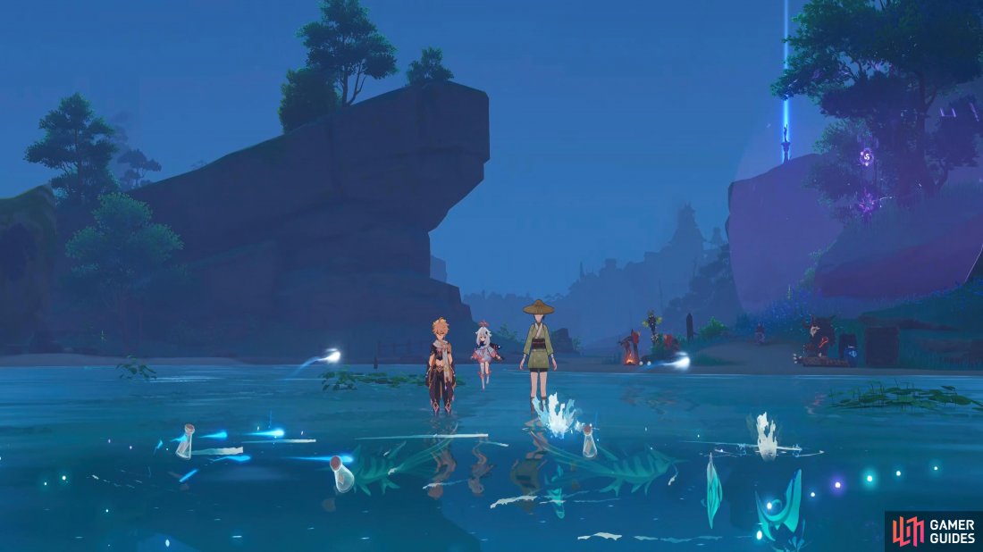 The Traveler, Paimon, and Kujirai find a school of Moonfins.
