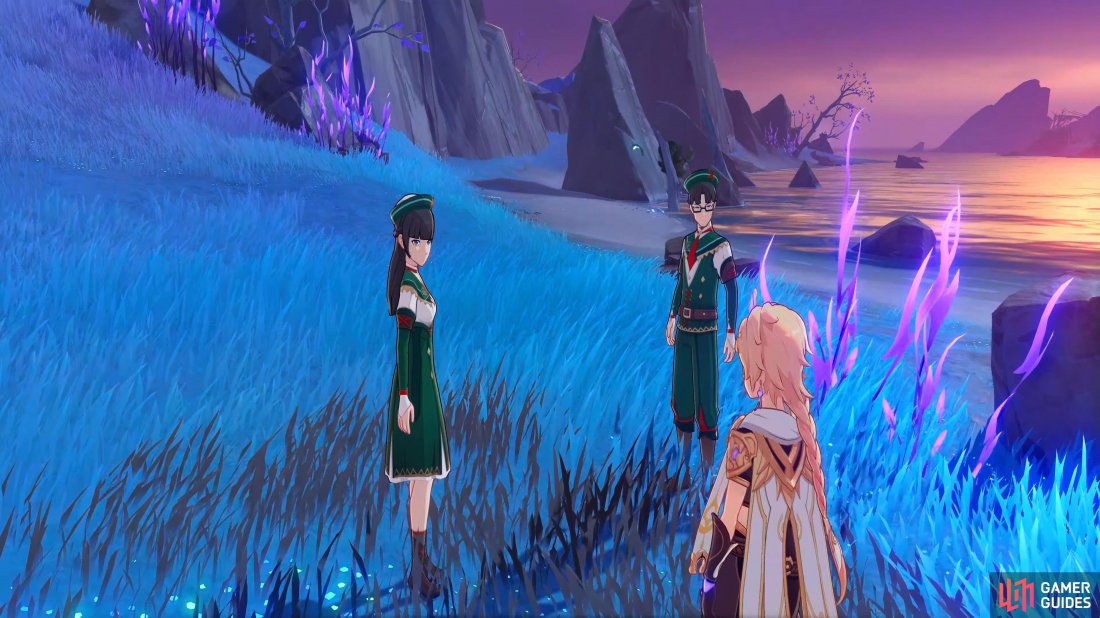 The Traveler is talking to Eiko and Taisuke from the Adventurer’s Guild about the second warding stone.