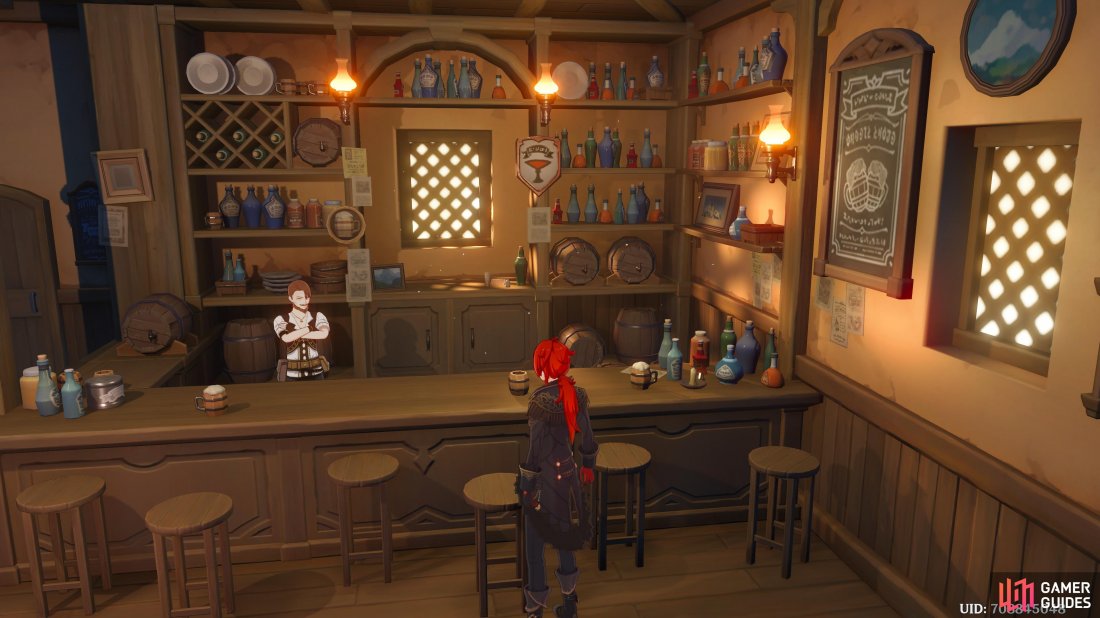 Diluc speaking to the Bartender Charles in his tavern, the Angel’s Share.