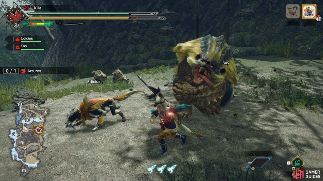 When Arzuros leans in, move back to avoid being grabbed. 