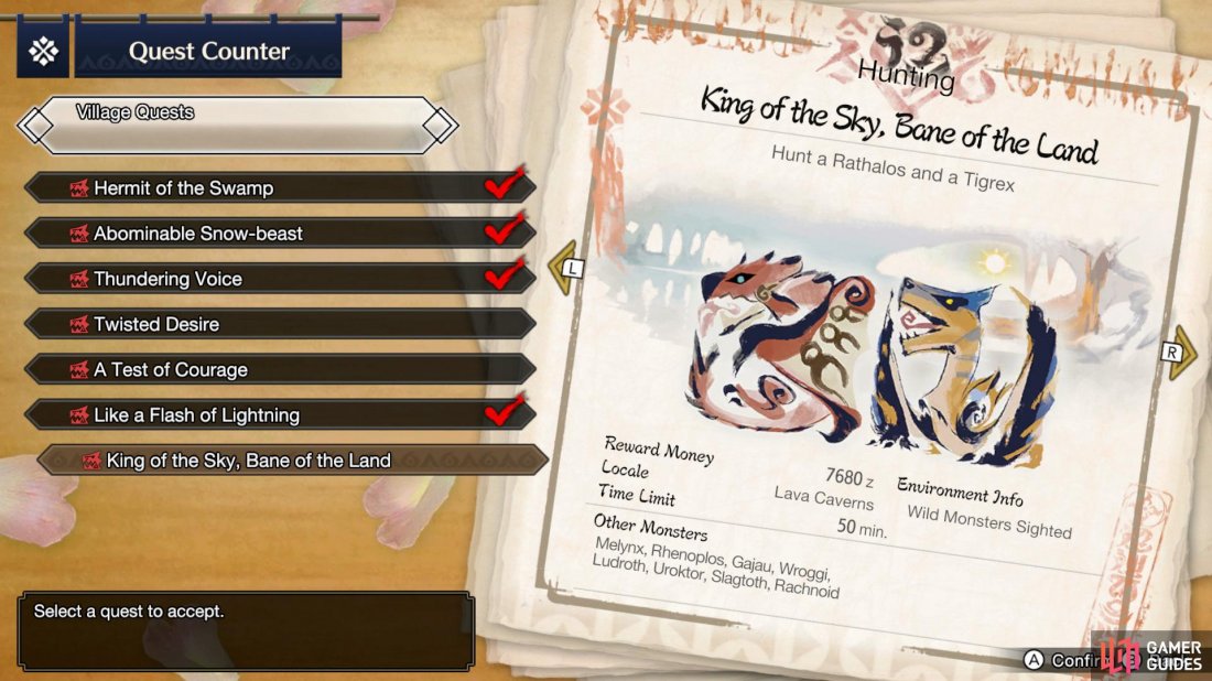 The King of the Sky, Bane of the Land quest becomes available when you reach 6 Village Quests.
