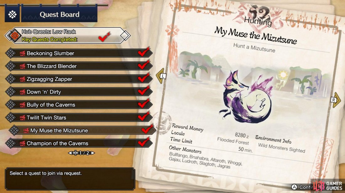The My Muse the Mizutsune Quest  becomes available when you reach 3 Hub Quests.