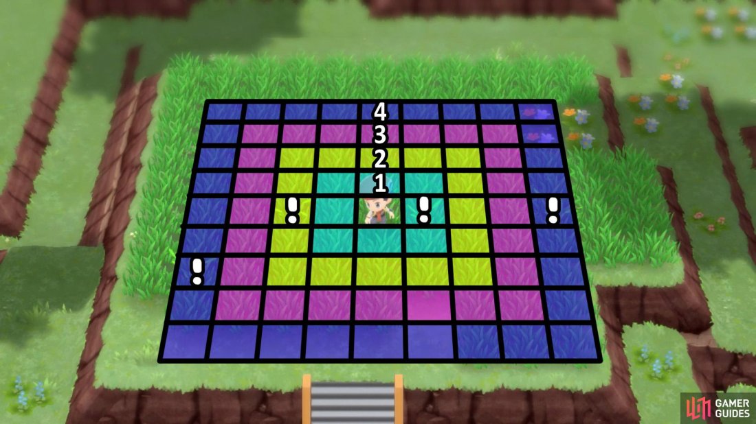The exclamation marks indicate the 4 shaking grass tiles.