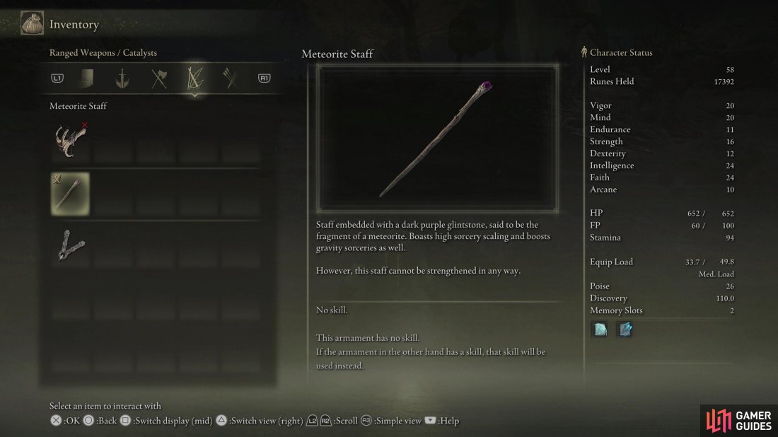 The Meteorite Staff can be obtained early and has S-rank Intelligence scaling.