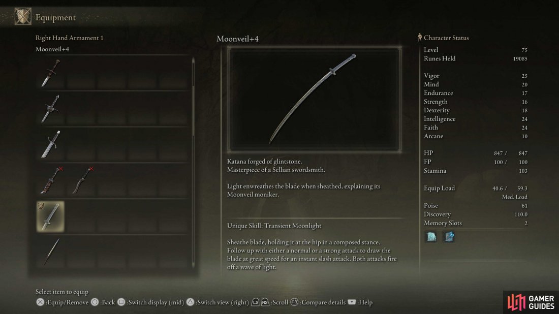 The Moonveil Katana is a hybrid Dexterity/Intelligence scaling weapon, useful for mage-warrior builds.