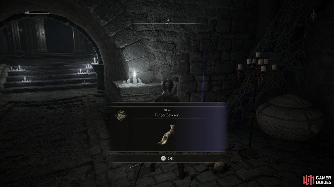 Leave the tutorial area and grab the Tarnisheds Furled Finger and the Finger Serverer items.