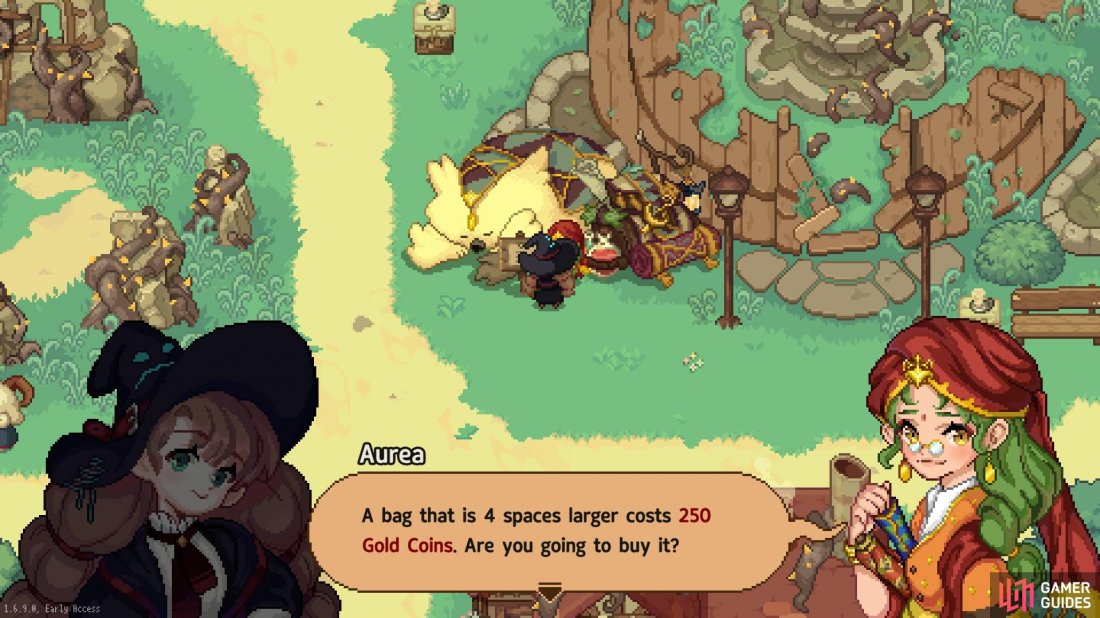 Aurea can expand your bag by four space for 250 gold coins.