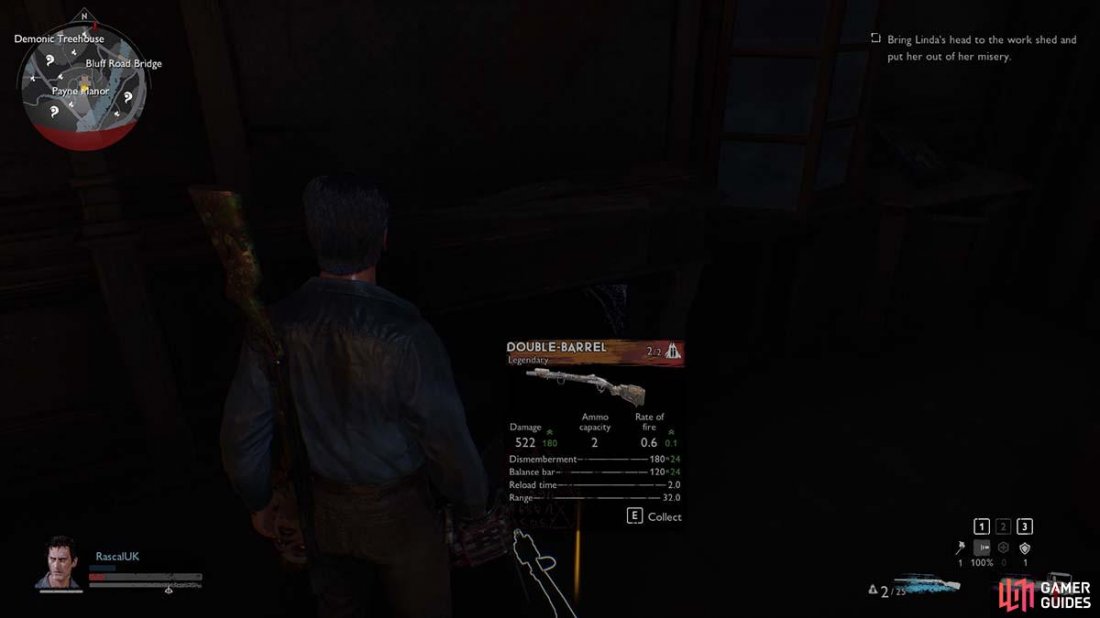 The legendary shotgun found in Payne Manor can be retrieved at any time.