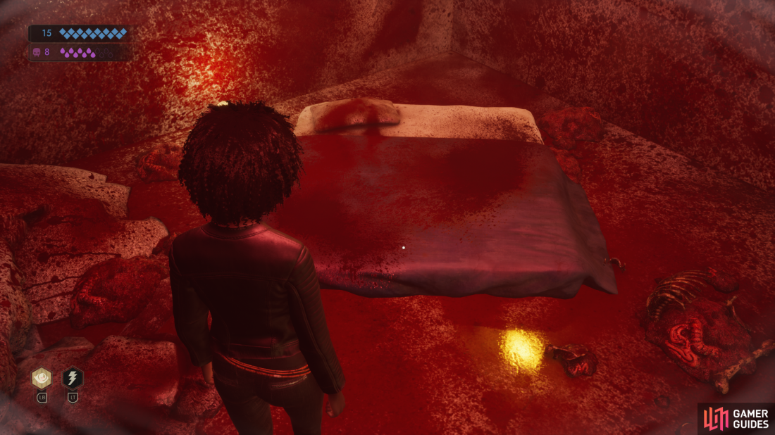 Examine a bloody mattress to trigger a memory.