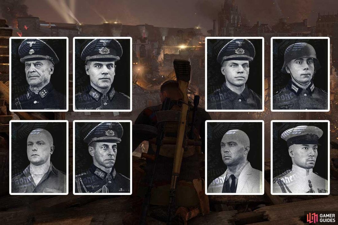 A rogues gallery of the eight major Kill List targets in Sniper Elite 5.