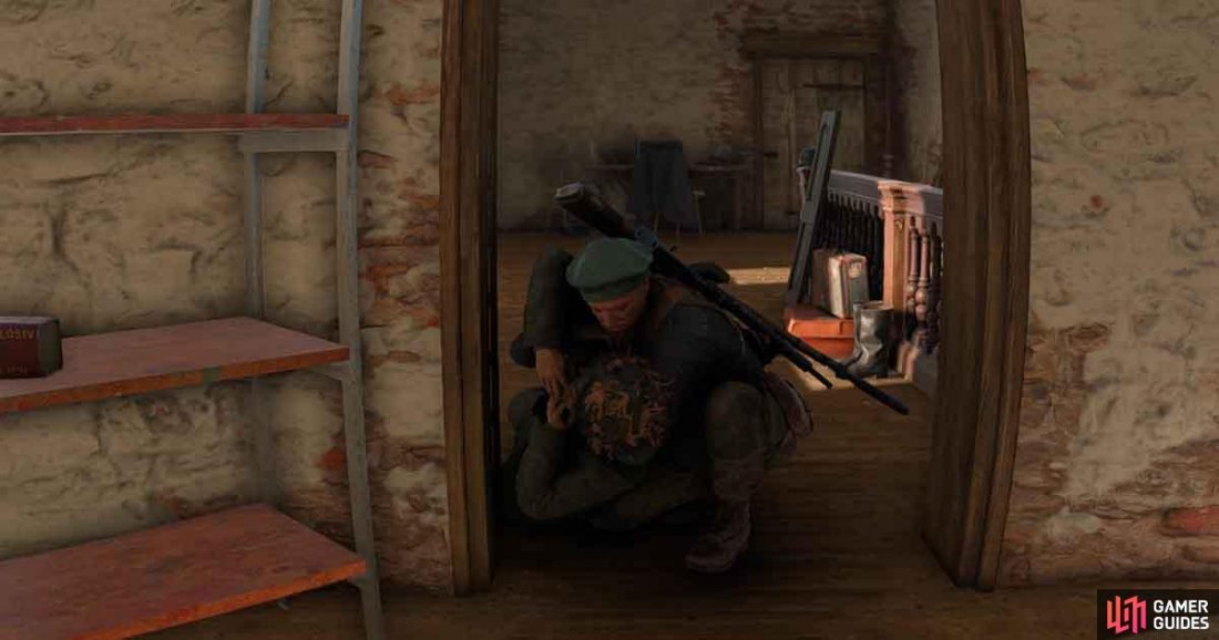Youll find the sniper in the tower, which you can enter via the window outside or up the stairs inside the building.