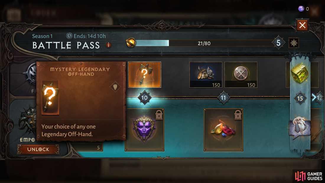 Youll get your first Legendary Off-Hand Weapon upon reaching Rank 10 in the Battle Pass.