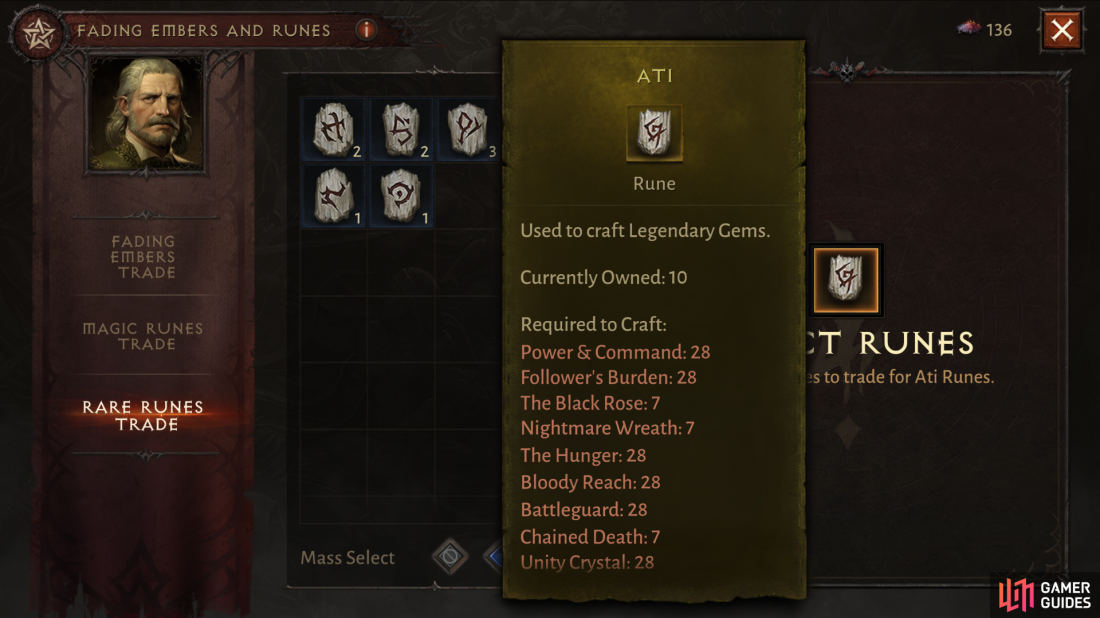 You can exchange magical and rare runes for ATI runes, which are a universal component in crafting specific Legendary Gems.