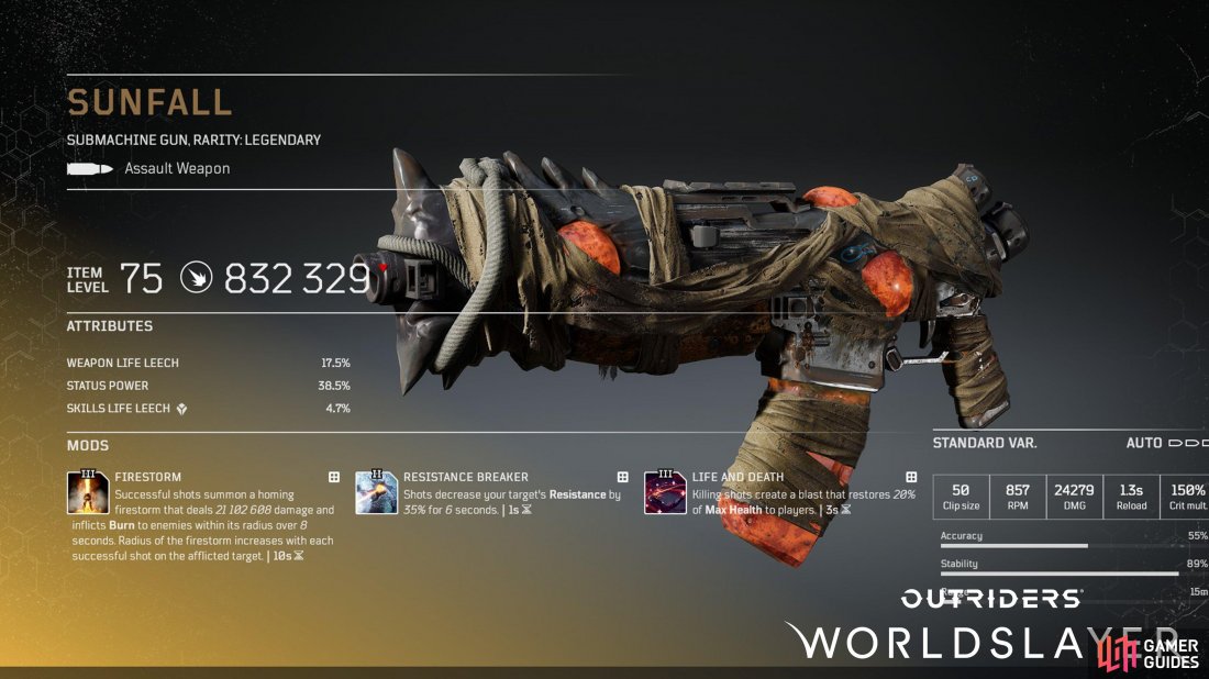 Here is a look at the Sunfall SMG and the Firestorm mod that comes with it. Image via Square Enix.