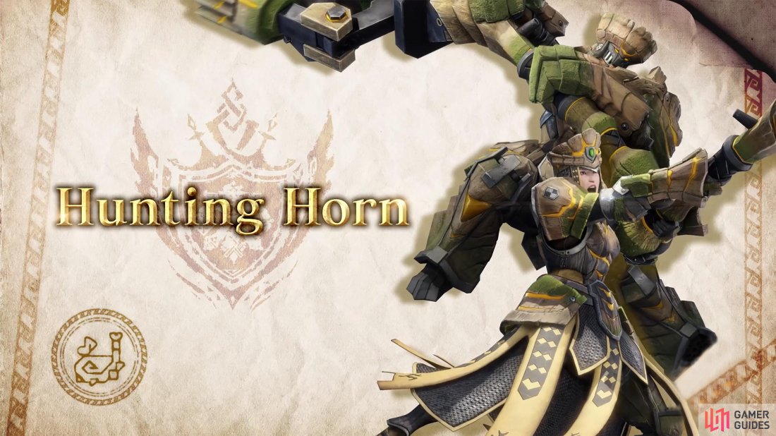 The Hunting Horn is a blunt weapon that can buff the party with their songs.