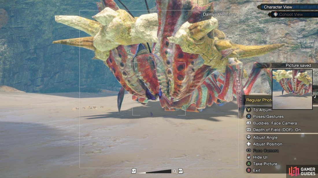 When Daimyo Hermitaur has its claws together like this, take a picture with your camera to fulfill Frans request.