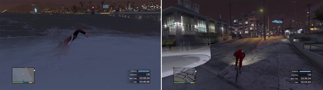 You do not need to go flat out to be in first place during this section. The swimming part is very small anyway (left). You can really cut corners and still hit the checkpoints so always bear that in mind (right).