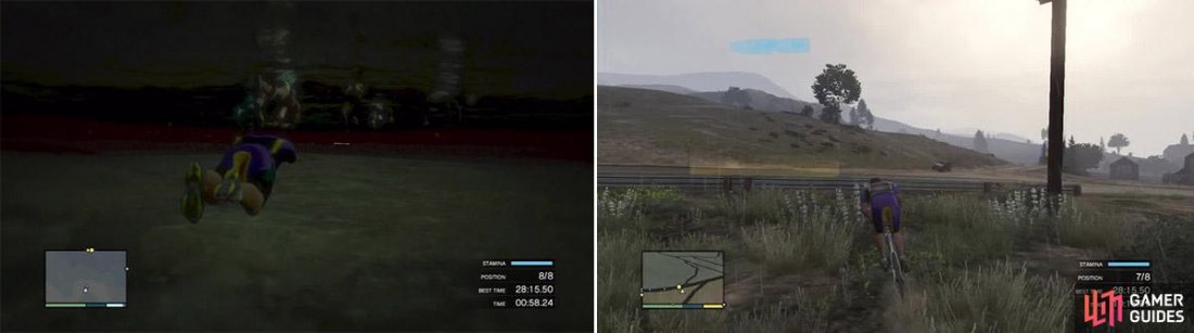 Being in the lead coming out of the water is essential to maintaining a good lead and will save you a lot of time later. Use the underwater trick (left). You can jump the barrier here to save a lot of time. But you must be accurate or it could cost you the race (right).