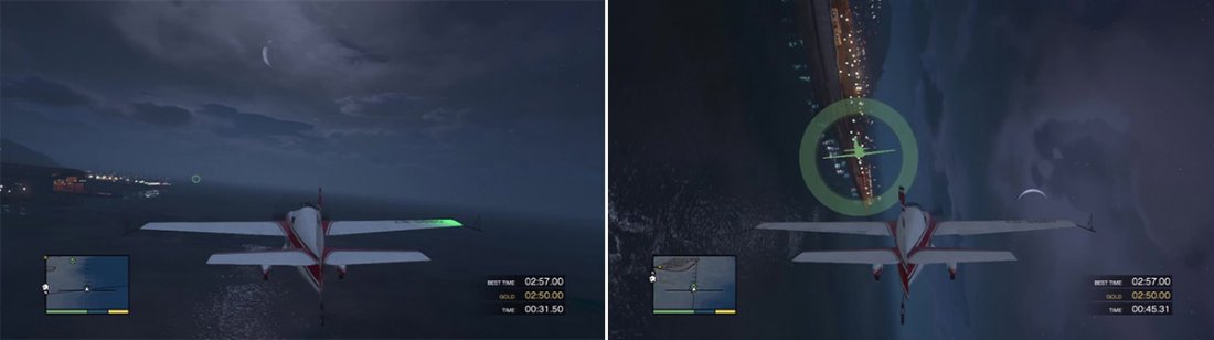 Notice the green checkpoint in the distance? That is a knife flight gate. You must look ahead so you can see what is coming next (left). The symbol inside the checkpoint will tell you which direction is best for the stunt (right).