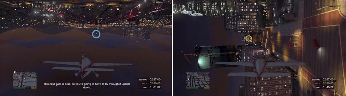 Invert the plane well in advance of the gate so you can get the right height to pass through it. If you really struggle, just do a barrel roll as you pass through it instead (left). If you feel like showing off or just really like knifing, you can knife between the skyscrapers and through the next few checkpoints like this (right).