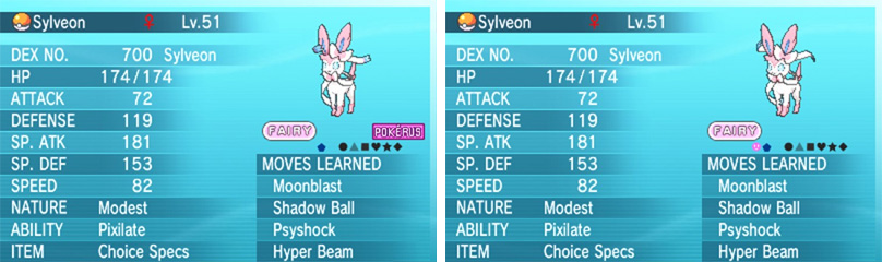 Sylveon with Pokerus: before (left) and after (right).